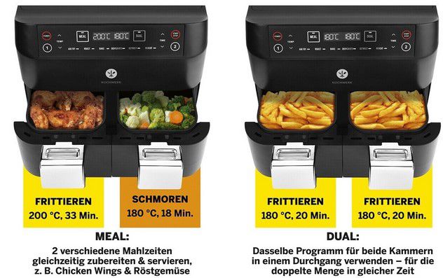 Kochwerk Heißluft Fritteuse mit Doppelkorb je 3,8l für 72,99€ (statt neu 125€) B Ware