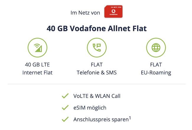 🔥 Vodafone Allnet Flat mit 40GB LTE für 12,99€ mtl.   eSIM möglich