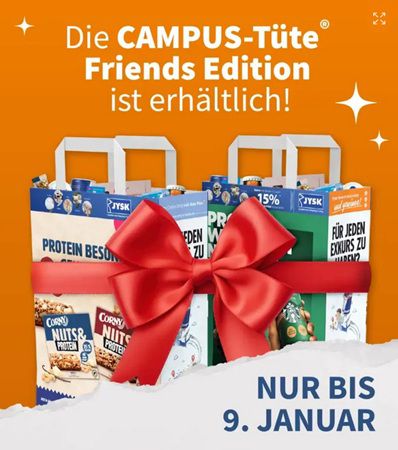 Kostenlose Campus-Tüten Friends-Edition + 11,95€ Versandkosten - nur bis 9.1. Kostenlose Campus Tüten Friends Edition + 11,95€ Versandkosten nur bis 9.1.