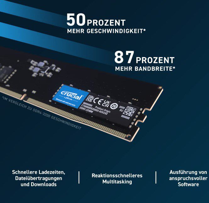 Crucial 8GB DDR5 Arbeitsspeicher mit 4800MHz und CL40 für 36,49€ (statt 45€)