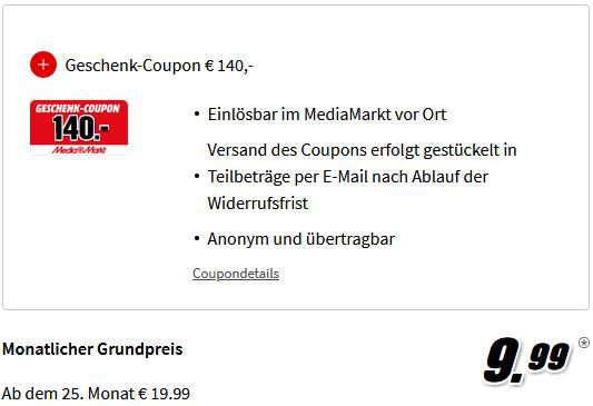 Telekom Green Data L mit 10GB für 9,99€ mtl. + 140€ Media Markt Geschenkcoupon