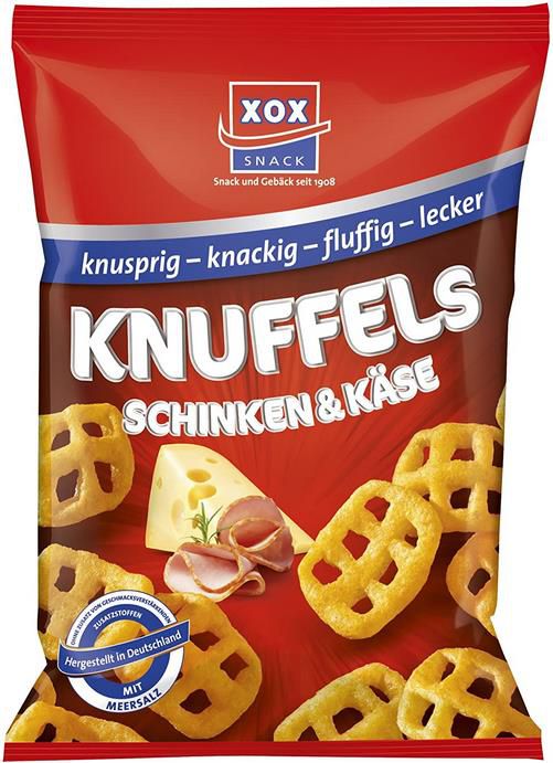 4x XOX Knuffels Maissnack mit Schinken Käse Geschmack, 75g ab 3,46€   Prime Sparabo