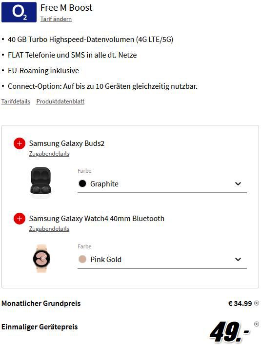 🔥 Samsung Galaxy Z Flip4 5G + Galaxy Buds2 + Galaxy Watch4 für 49€ + o2 Allnet Flat mit 40GB für 34,99€ mtl.