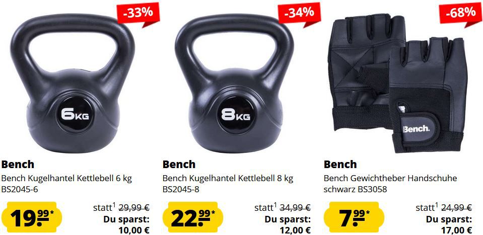 Bench Fitness Sale ab 3,99€ + keine VSK ab 10€   z.B. 20kg Langhantelset 49,99€ (statt 67€)