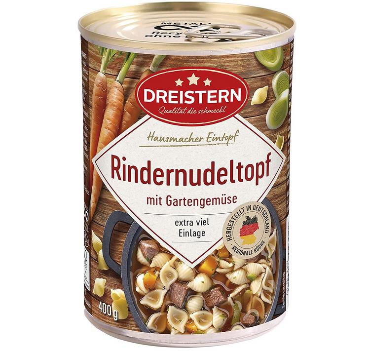 Dreistern Rindernudeltopf, 400 g Dose ab 1,52€ (statt 2€)   Prime Sparabo