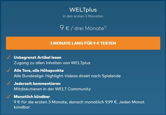 3 Monate WELTplus inkl. Bundesliga Video Highlights für 9€ (statt 30€)