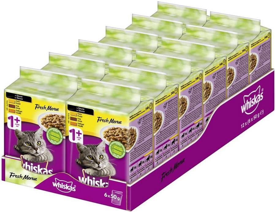 72 Beutel Whiskas Fresh Menue Katzenfutter mit Geflügel in Sauce á 50g ab 15,84€ (statt 24€)   Prime Sparabo