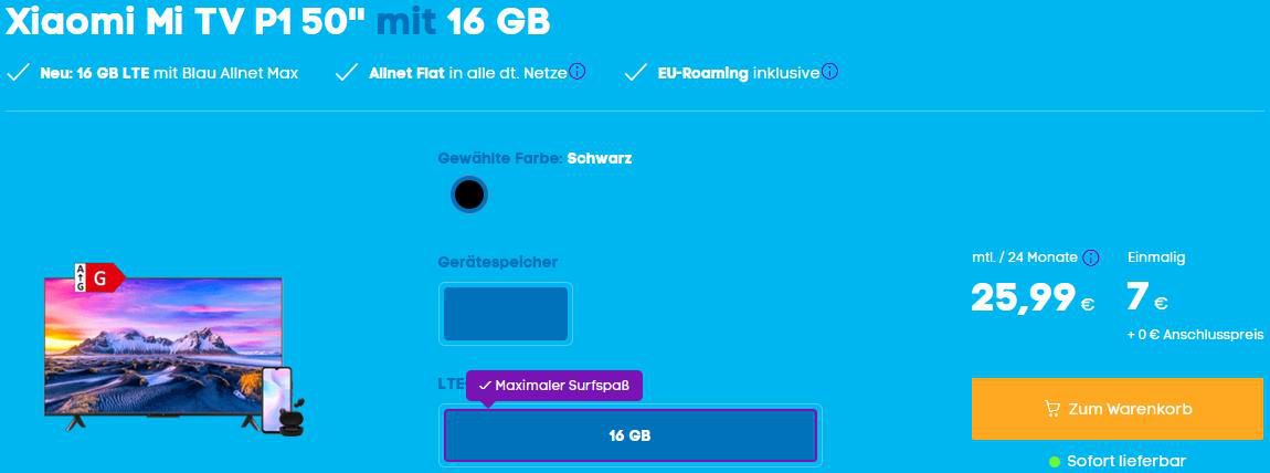 Xiaomi Mi TV P1 50 TV + Redmi 9A + Earbuds Basic 2 für 7€ + o2 Allnet Flat mit 16GB LTE für 25,99€ mtl.