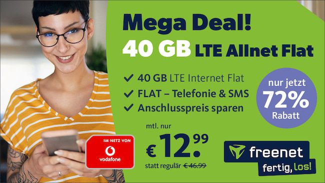 🔥 Vodafone Allnet Flat mit 40GB LTE für 12,99€ mtl.   eSIM möglich