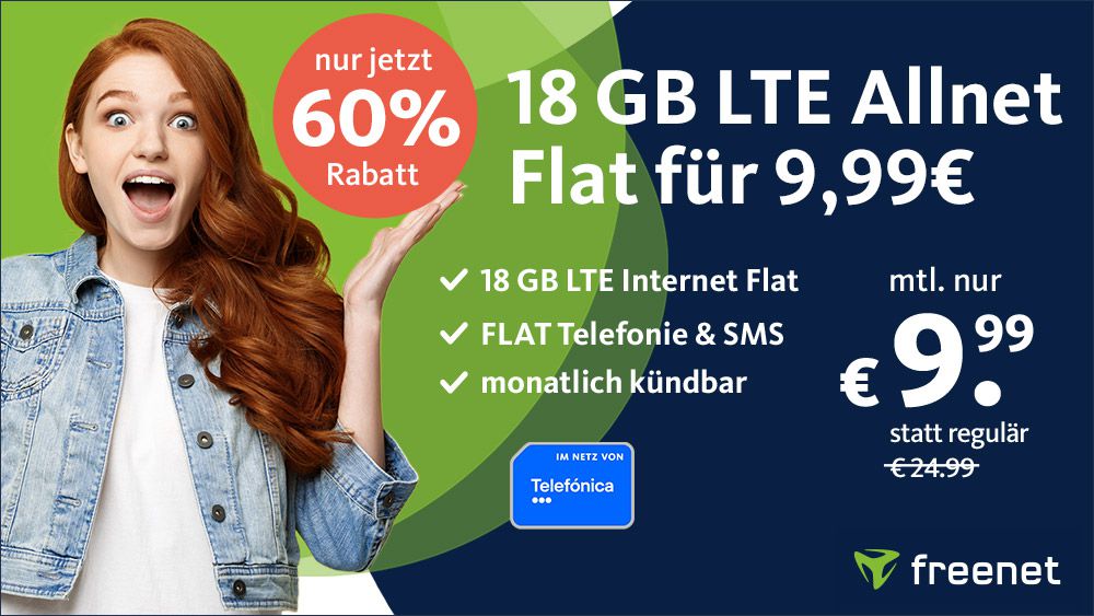 o2 Allnet Flat mit 18GB LTE mit VoLTE & Wifi Calling für 9,99€ mtl.   monatlich kündbar