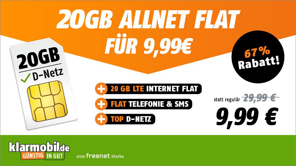 🔥 Vodafone Allnet Flat mit 20GB LTE für 9,99€ mtl.   eSIM möglich + VoLTE & WiFi Call