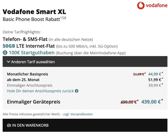 iPhone 13 Pro Max (128GB) für 395€ + Vodafone AllNet Flat 50GB LTE/5G für 44,99€ mtl. + 100€ Startguthaben