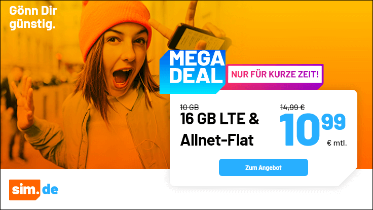 Sim.de: o2 Allnet Flat mit 16GB LTE für 10,99€ mtl. – nur 1 Monat Laufzeit