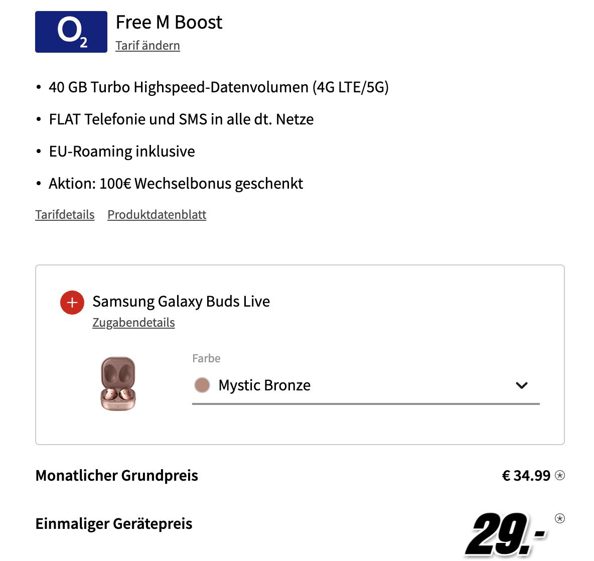 Samsung Galaxy S22 + Galaxy Buds live für 29€ + o2 Allnet 40GB LTE für 34,99€ mtl. + 100€ Bonus