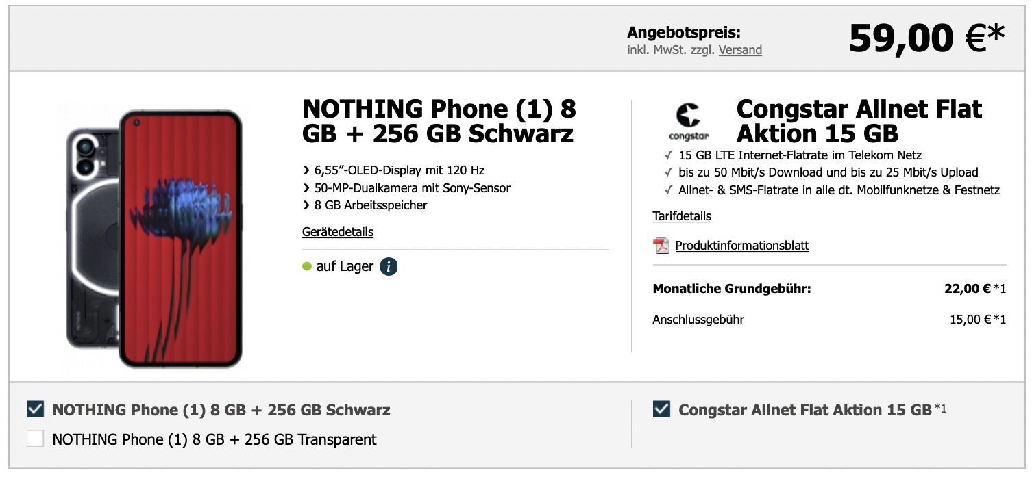 NOTHING Phone (1) mit 256GB für 59€ + Telekom Allnet Flat von congstar mit 15GB für 22€ mtl.