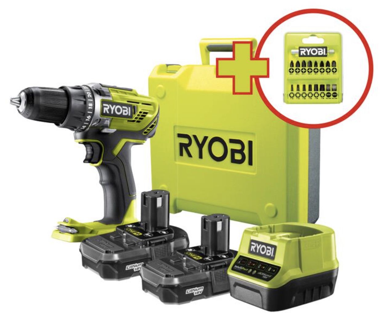 Ryobi R18DD3 220T ONE+ Akku Bohrschrauber inkl. Bit Set, 2 Akkus & Koffer für 129,99€ (statt 147€)