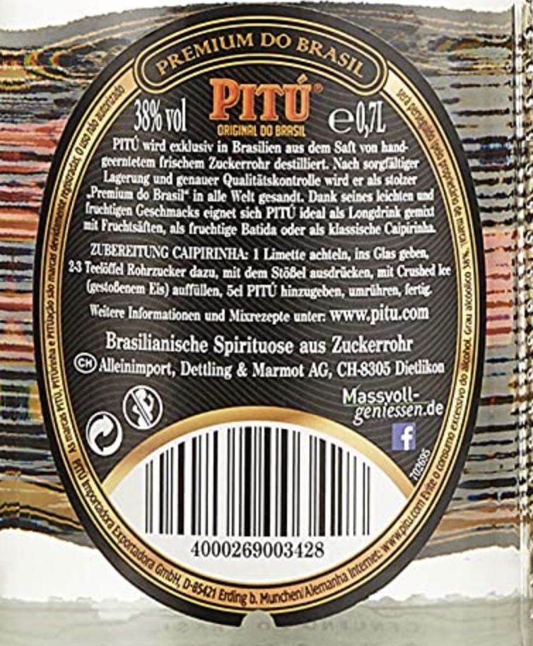 🍸Pitu Premium do Brasil Cachaca Spirituose aus Zuckerrohr 1 Liter ab 13,67€ (statt 17€)