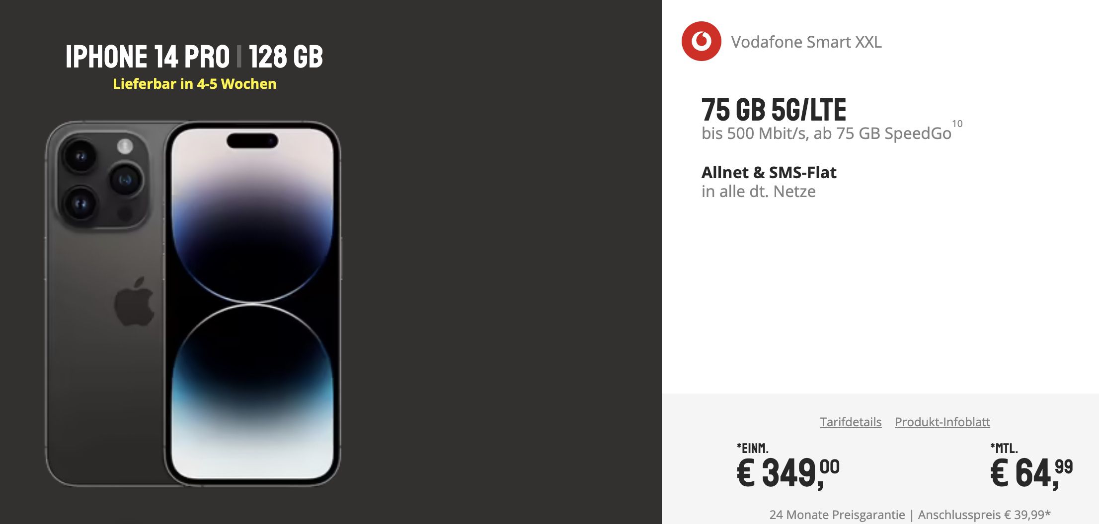 Apple iPhone 14 Deals bei Sparhandy   z.B. iPhone 14 Pro + Vodafone Allnet 75GB 5G/LTE