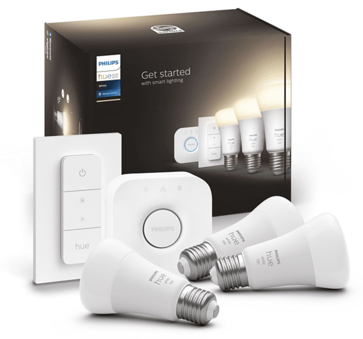 3er Set Philips Hue White E27 Starter Set + Bridge + Dimmer für 79,99€ (statt 99€)