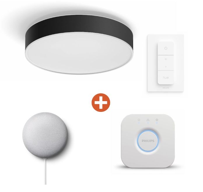 Philips Hue White Ambiance Enrave Ceiling M Deckenleuchte + Dimmschalter V2 + Bridge + Google Nest Mini für 164,89€