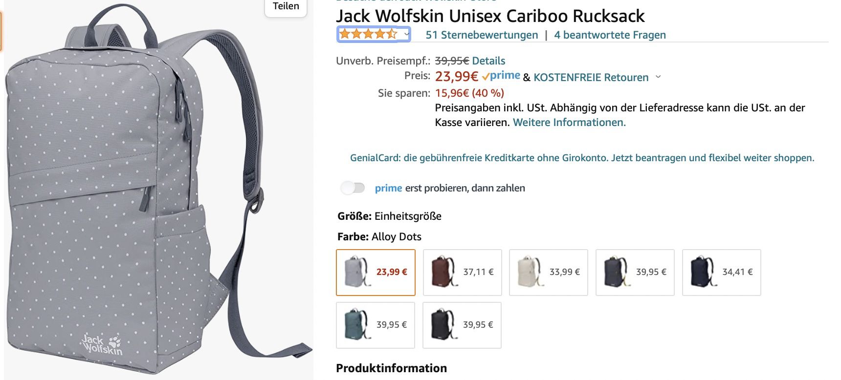 Jack Wolfskin Unisex Cariboo Rucksack in Alloy Dots für 23,99€ (statt 35€)   Prime