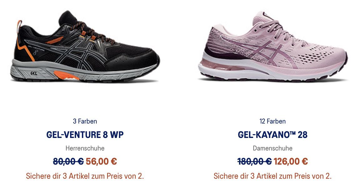 Asics 3 für 2 Aktion   z.B. 3x Asics Gel Pulse 12 für 120€ (statt 210€)