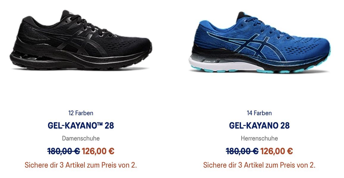 Asics 3 für 2 Aktion   z.B. 3x Asics Gel Pulse 12 für 120€ (statt 210€)