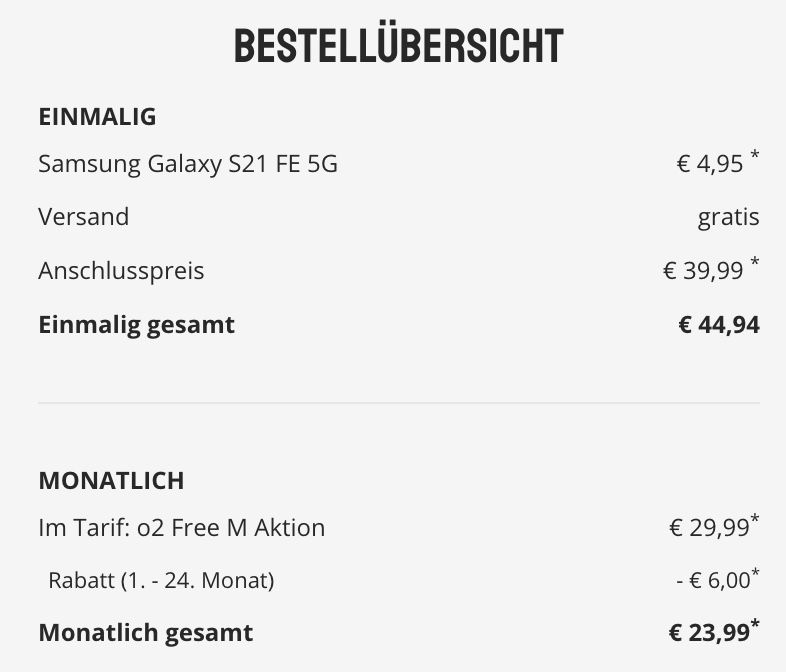 Samsung Galaxy S21 FE 5G für 4,95€ + o2 Allnet Flat mit 20GB 5G/LTE für 23,99€ mtl.