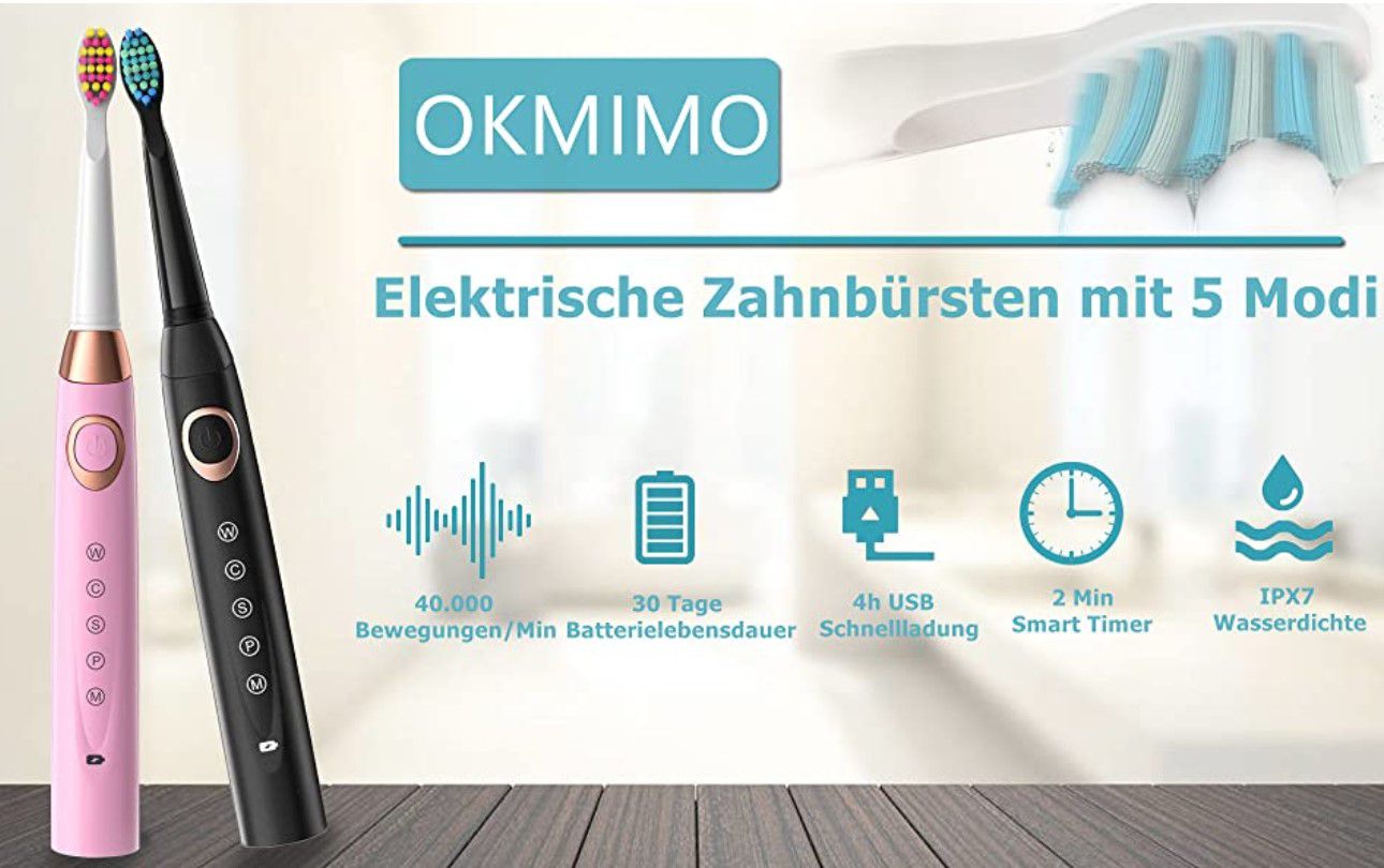 Okmimo Doppelpack Schallzahnbürsten + 8 Aufsteckbürsten für 29,99€ (statt 60€)