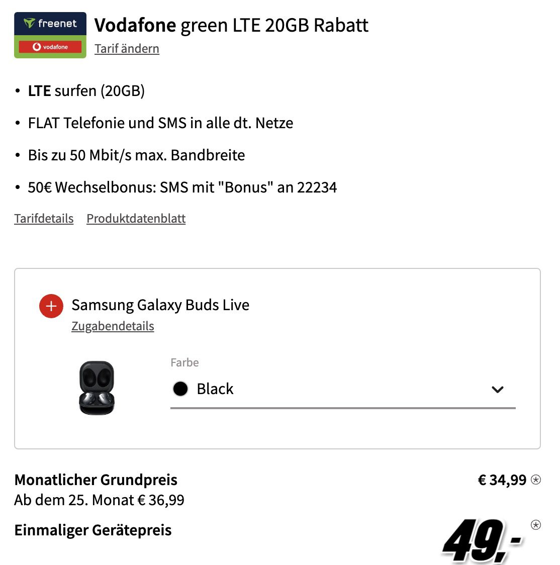 Samsung Galaxy S22+ inkl. Galaxy Buds live für 49€ + Vodafone Allnet 20GB LTE für 34,99€ mtl. + 50€ Bonus