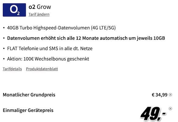 Samsung Galaxy S22 5G für 49€ + o2 Grow Allnet Flat mit 40GB 5G/LTE für 34,99€ mtl. + 100€ Bonus