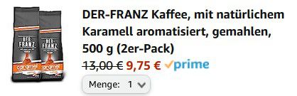 2x 500g DER FRANZ Kaffee mit natürlichem Karamellaroma gemahlen für 9,75€ (statt 13€)
