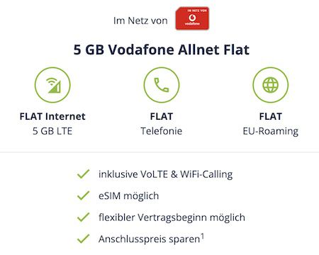 🔥 Vodafone 5GB LTE inkl. Allnet Flat (!) für nur 4,99€ mtl.