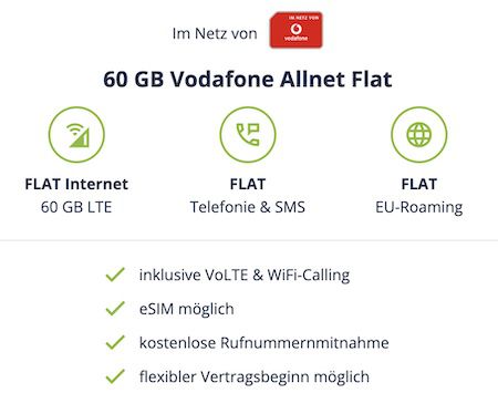 KNALLER 🔥 Vodafone Allnet Flat mit 60GB LTE für 14,99€ mtl.