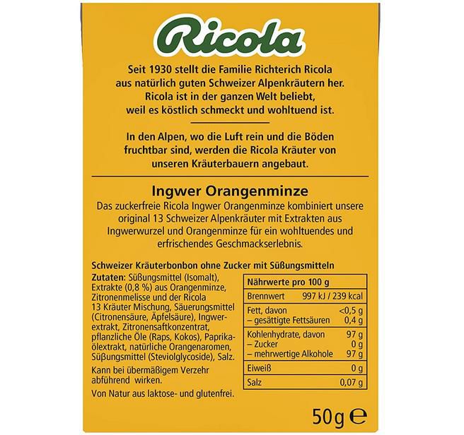 Ricola Ingwer Orangenminze Kräuterbonbon ohne Zucker, 50g ab 1,40€   Prime Sparabo