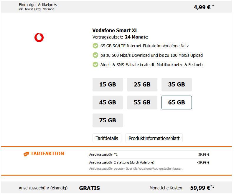 Apple iPhone 14 mit 128GB für 4,99€ + Vodafone Allnet Flat mit 65GB 5G/LTE für 59,99€ mtl.