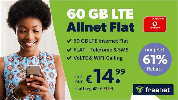 KNALLER 🔥 Vodafone Allnet Flat mit 60GB LTE für 14,99€ mtl.