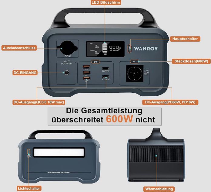 WANROY HS600 Powerstation mit 600W/648Wh + 100W Solarpanel für 199€ (statt 300€)