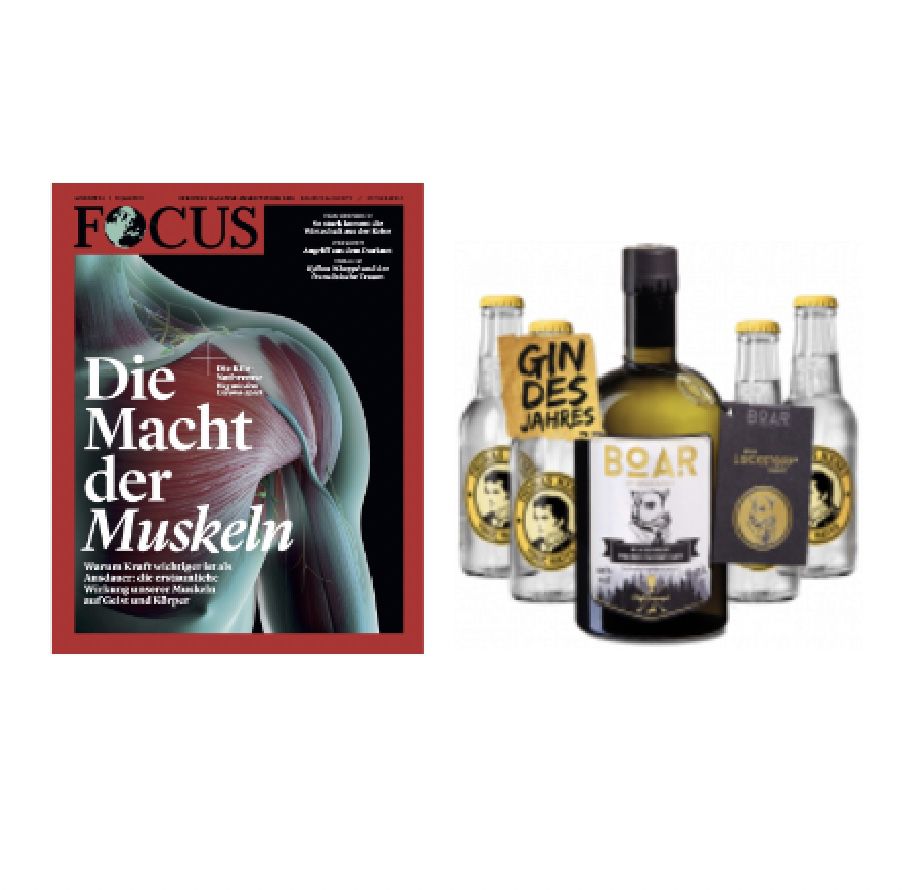 12 Ausg. Focus inkl. BOAR Premium Dry Gin + 4 Flaschen Henry Tonicwater für 39€