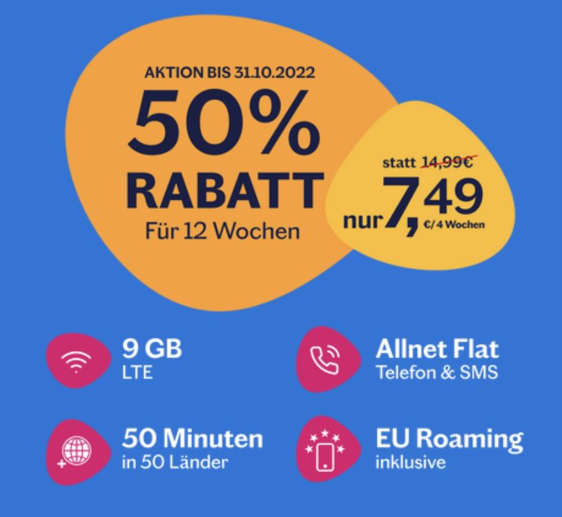 50% Rabatt auf Lebara Prepaid Tarife im o2 Netz   z.B. Allnet Flat mit 9GB LTE 7,49€ mtl.