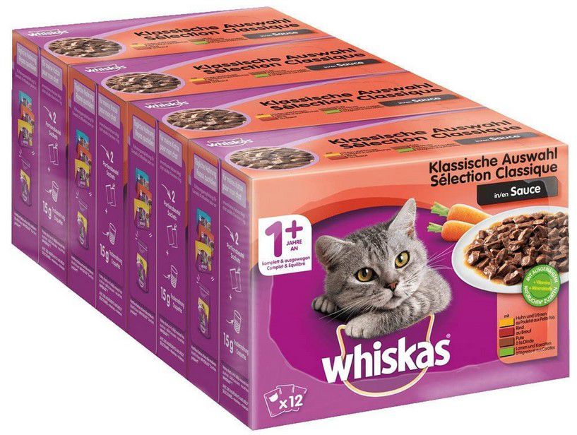 Whiskas 1+ Katzennassfutter in Sauce 48 Portionsbeutel ab12,05€ (statt 16€)   Sparabo