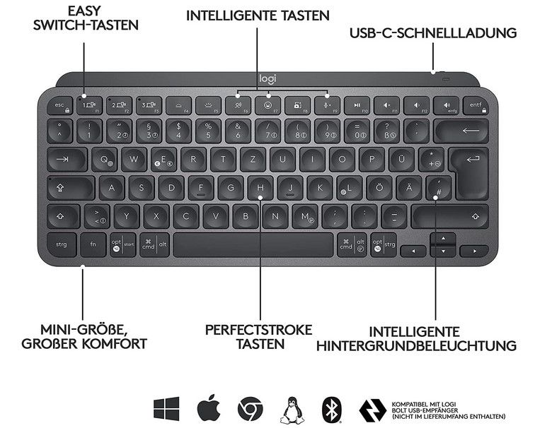 Logitech MX Keys Mini Tastatur (Mac, PC Android) für 64€ (statt 83€)