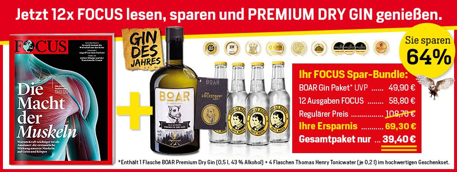 12 Ausgaben Focus inkl. BOAR Premium Dry Gin + 4 Flaschen Henry Tonicwater für 39,40€