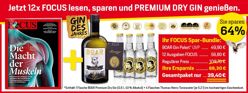 12 Ausg. Focus inkl. BOAR Premium Dry Gin + 4 Flaschen Henry Tonicwater für 39,40€