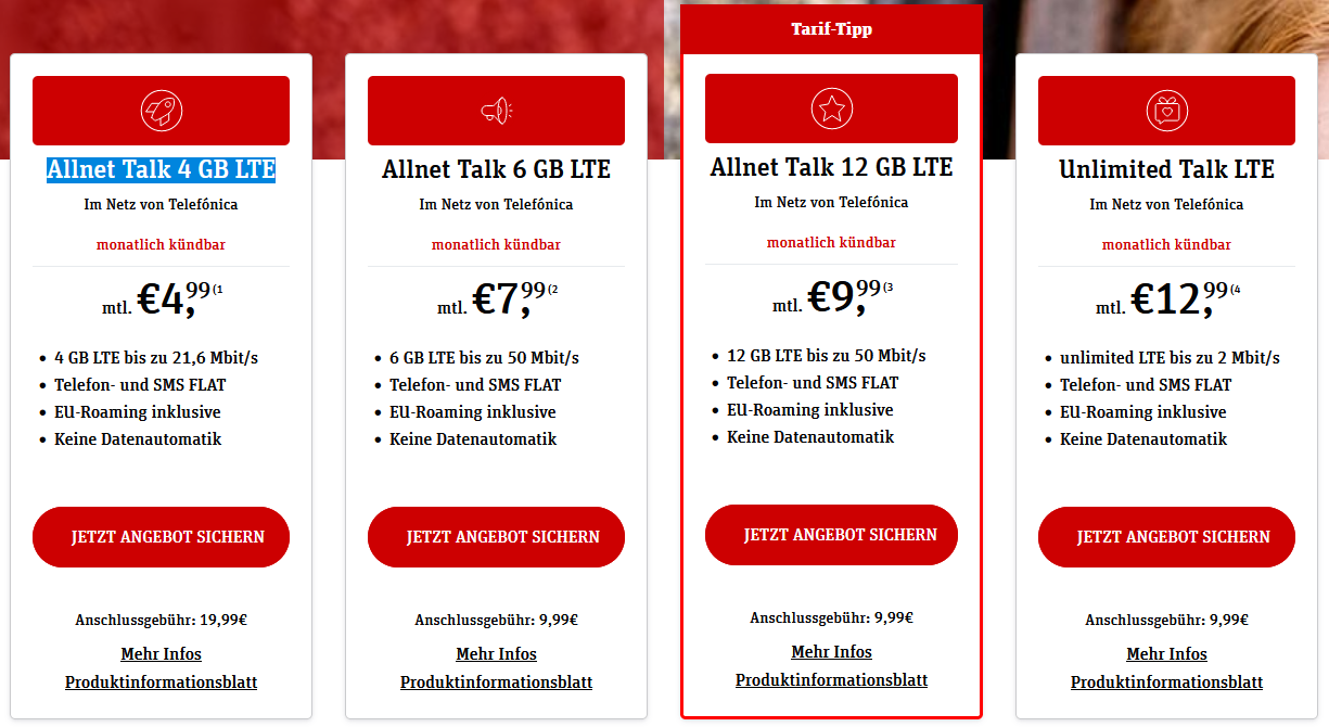 o2 Allnet Flats mit 4GB bis unlimited LTE ab 4,99€ mtl.   monatlich Kündbar!