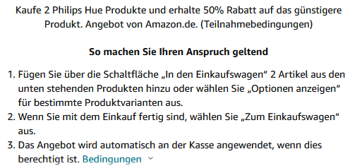 Amazon: 50% Rabatt auf den zweiten Artikel   z.B. 2x Philips Hue Turaco Wandleuchte für 104,98€ (statt 140€)