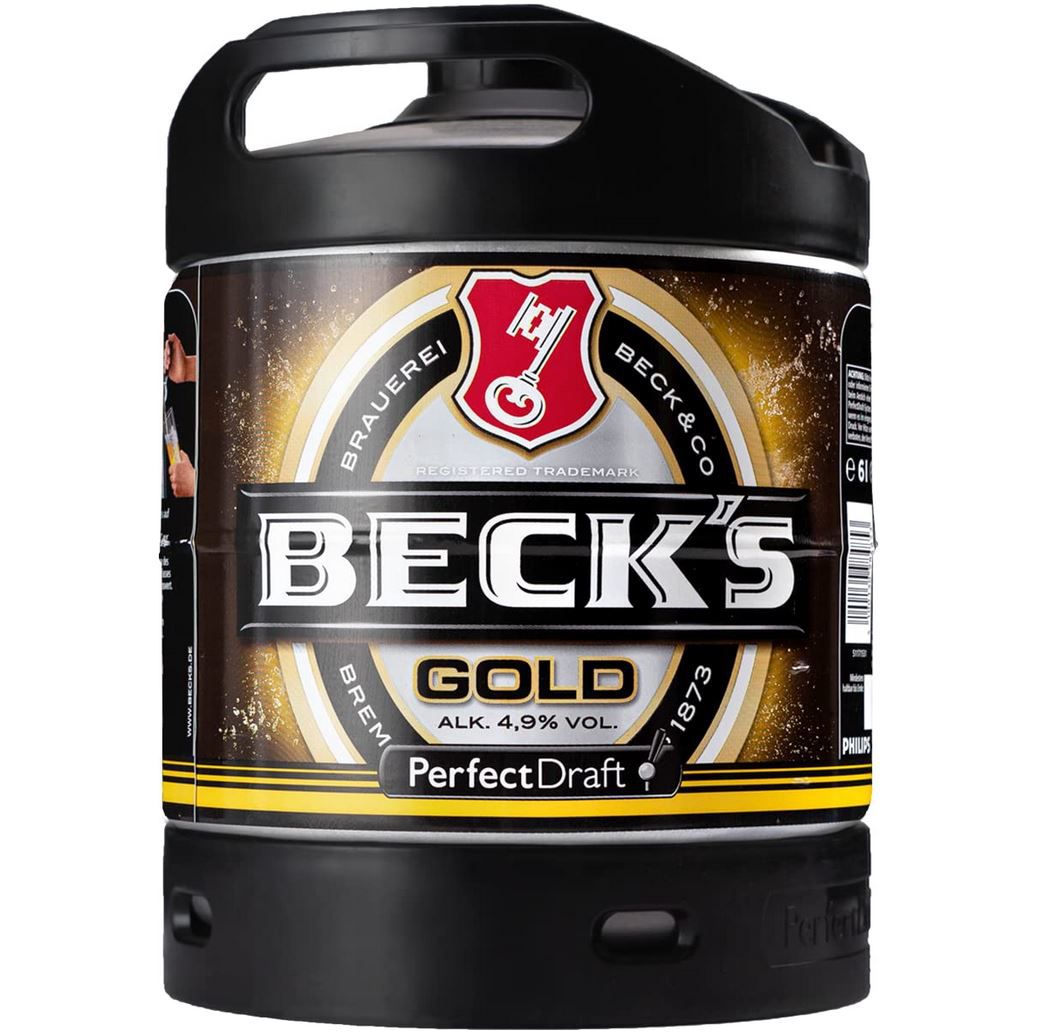 BECK&#8217;S Gold Helles Lager Bierfass für Perfect Draft, 6L für 14,24€ + Pfand (statt 25€) &#8211; Prime