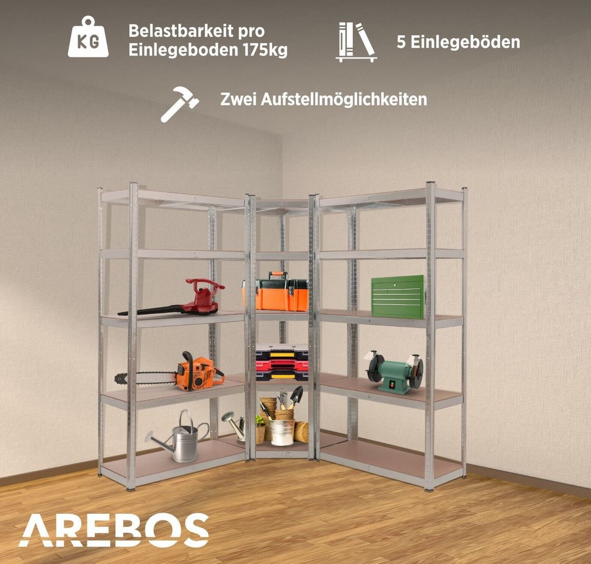 3er Set Arebos Schwerlastregal mit 875kg Gesamtbelastbarkeit für 98,91€ (statt 123€)