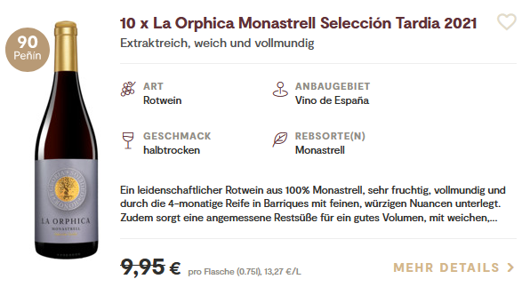 10 Flaschen La Orphica Monastrell Selección Tardia 2021 für 47,89€ (statt 99€)