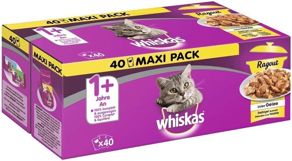 40er Pack Whiskas 1+ Ragout Geflügel Auswahl in Gelee ab 8,99€ (statt 14€)   Prime Sparabo